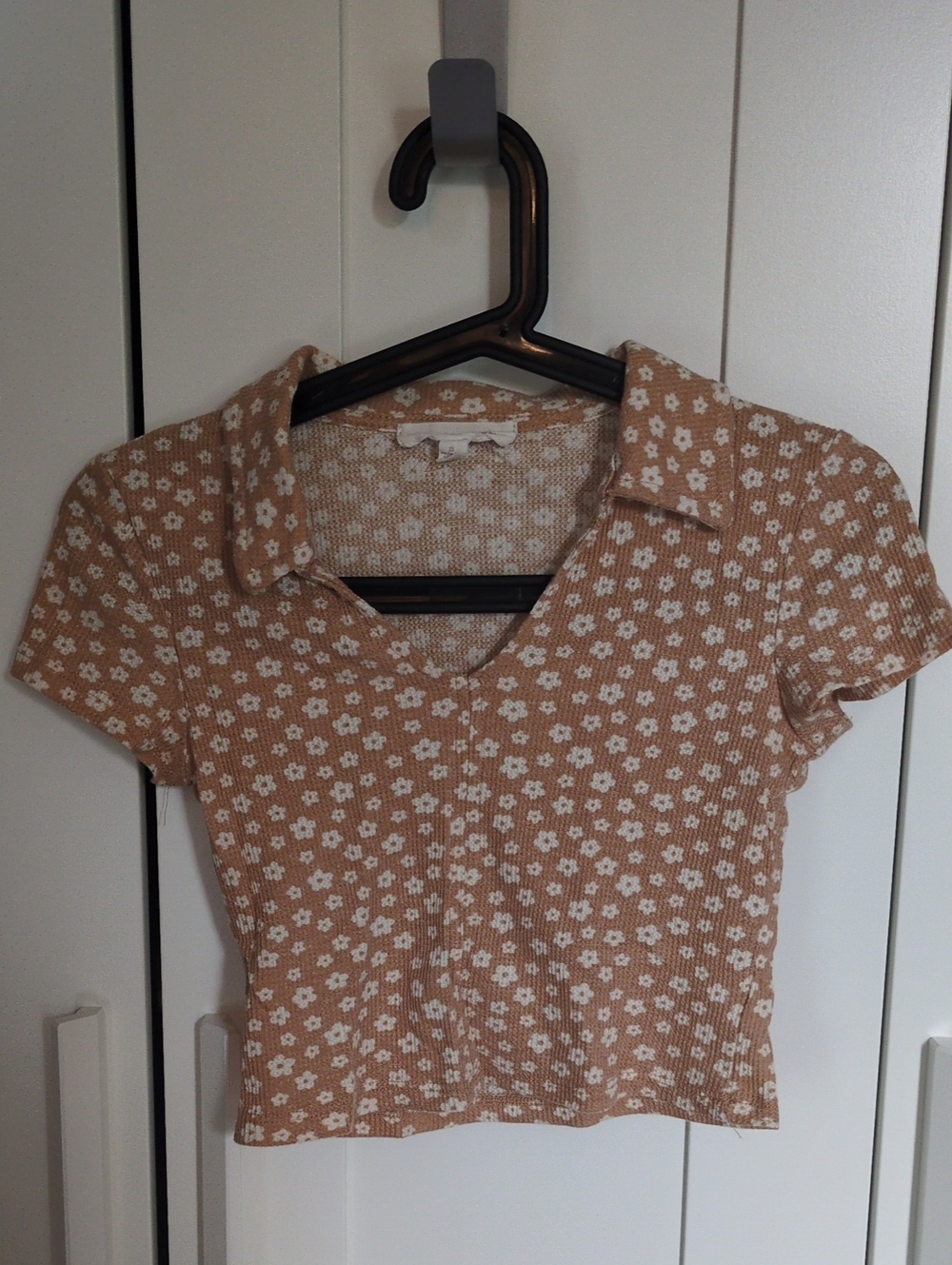 Pink Rose Tan Floral Collared Knit Crop Top